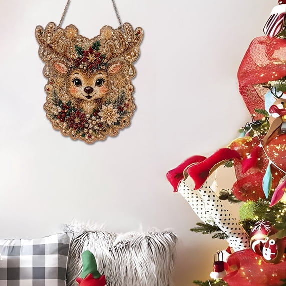 olkpmnmk Christmas Pearl Diamond Art, Pearl Art Christmas Ornaments, Deer Head Shaped Hanging Ornament with Metal Chain, Lace Edge Acrylic Board,3D Diamond Art Christmas for Holiday Home Decor