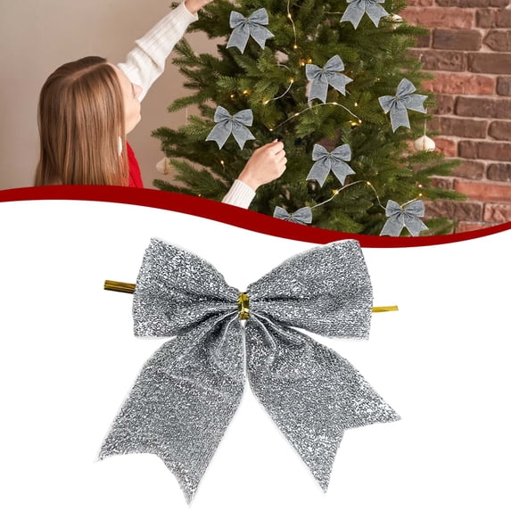 olkpmnmk Glitter Christmas Bows Ornaments, Small Sparkly Pre Tied Xmas Bow Ties with Fastening Ties for Christmas Tree, Wreath, Garland and Stair Holiday Decoration, Bow Christmas Tree Ornaments