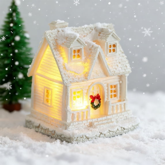 olkpmnmk Lighted Resin Christmas Village Houses Figurines, Snow‑Covered White Mini Cottage with Warm LED Light, Light Up Christmas House for Winter X‑mas Scene Layout, Home Shelf Holiday Decoration