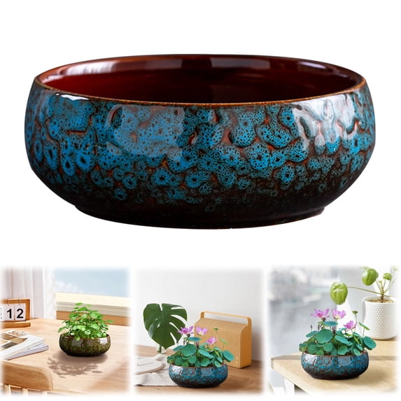 olkpmnmk Lotus Bowl Planter, Glazed Ceramic Indoor Plant Bowl Lotus Pot, Shallow Ceramic Water Planting Pot for Lotus Seeds, Bonsai, Succulents, Shallow Hydroponic Decorative Oriental Flower Bowl