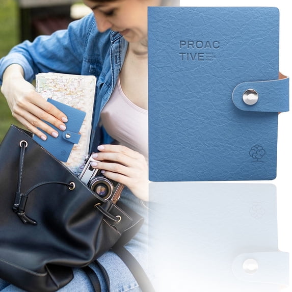 olkpmnmk PU Leather Notebook, A7 Classic Lined Journal Notebook, Leather Journal Notebook with Button, Daily Journal for Writing, Diary & Travel, Classroom, Office, Home Essentials, Blue
