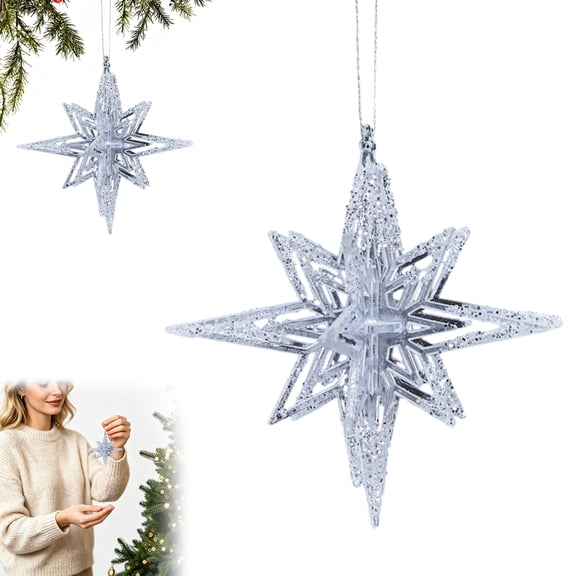 olkpmnmk Transparent Glitter Dusted 3D Star Christmas Hanging Ornament, Fine Glitter Acrylic Multi Point Star Pendant, Small Decorative Hanging Charm for Xmas Tree, Christmas Tree Decorations
