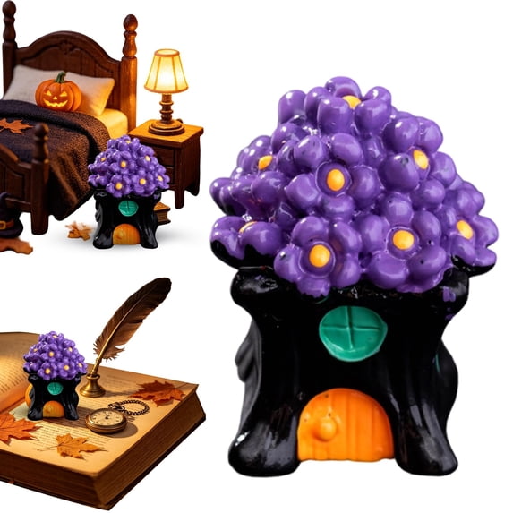 olkpmnmk Tree Stump House Figurine with Purple Flower Top, Mini Halloween Figurines for Terrarium Dollhouse Halloween Village Accessories, Halloween Fairy Garden for Home Mantel Shelf Party Decor