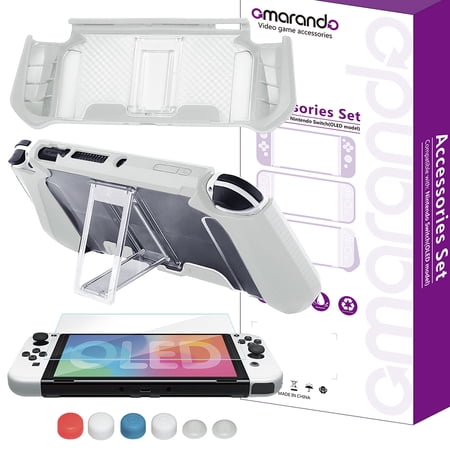 omarando Protective Case with adjustable stand for Nintendo Switch (OLED model), TPU Protective Case cover ,with Tempered Screen Protector,Thumb Grip (White)