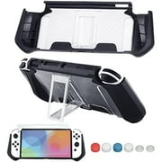 omarando Protective Case with adjustable stand for Nintendo Switch (OLED model), TPU Protective Case cover ,with Tempered Screen Protector,Thumb Grip (Black)