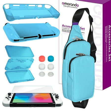omarando TPU Case Cover Accessories Kit for Nintendo Switch (OLED Model),Shoulder Bag for Switch ,with Tempered Glass Screen Protector ,Thumb Grip Caps . Game Card Case (Blue-Blue)
