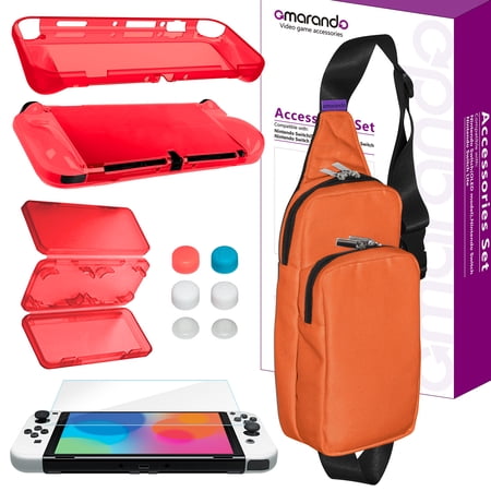 omarando TPU Case Cover Accessories Kit for Nintendo Switch (OLED Model),Shoulder Bag for Switch ,with Tempered Glass Screen Protector ,Thumb Grip Caps . Game Card Case (Orange Red)