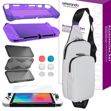 omarando TPU Case Cover Accessories Kit for Nintendo Switch (OLED Model),Shoulder Bag for Switch ,with Tempered Glass Screen Protector ,Thumb Grip Caps . Game Card Case (Transparent Purple)