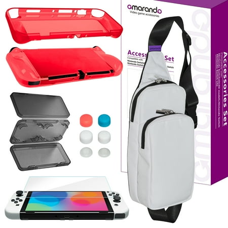 omarando TPU Case Cover Accessories Kit for Nintendo Switch (OLED Model),Shoulder Bag for Switch ,with Tempered Glass Screen Protector ,Thumb Grip Caps . Game Card Case (Transparent Red)