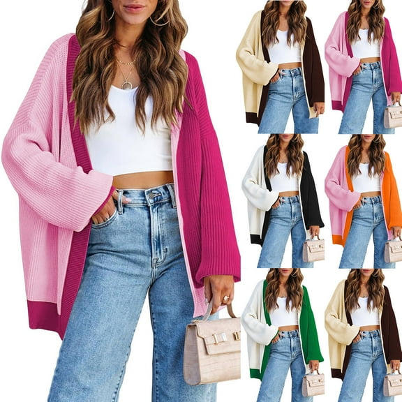 omen's Long Sleeve Cardigan Sweater Lightweight Color Blocking Knitted Cardigan Sweater Outwear Open Front Coat