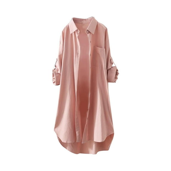 omens Roll-Up Sleeve Lapel Neck Button Down Cotton TShirts Pockets Blouses Casual Loose Solid Tees Tops
