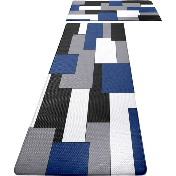 omezin Blue Black Grey White Kitchen Rugs and Mats Set of 2 Modern Abstract Art Cushioned Anti Fatigue Kitchen Rugs Set Geometric Non-Skid Washable Kitchen Mats for Kitchen Sink Laundry