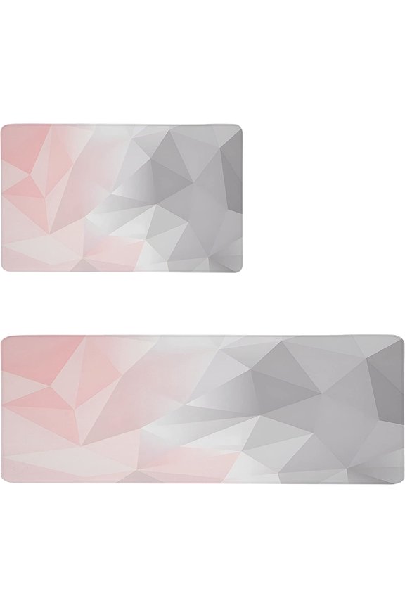 Pink Kitchen Rug Set of 2, Anti-Fatigue Pink and Grey Kitchen Mat, Non-Slip Waterproof Washable Comfort Standing PVC Floor Mats, Memory Foam Cushioned Runner Rugs,17.3x28+17.3x47 Inch