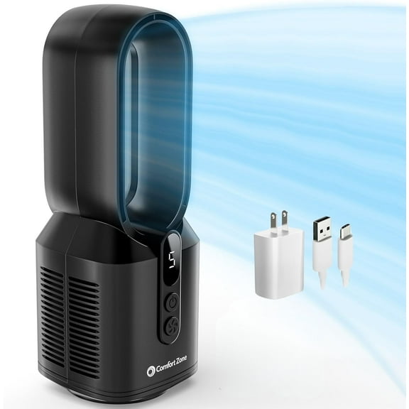 Comfort Zone 14" Rechargeable Bladeless Tabletop Fan, Black