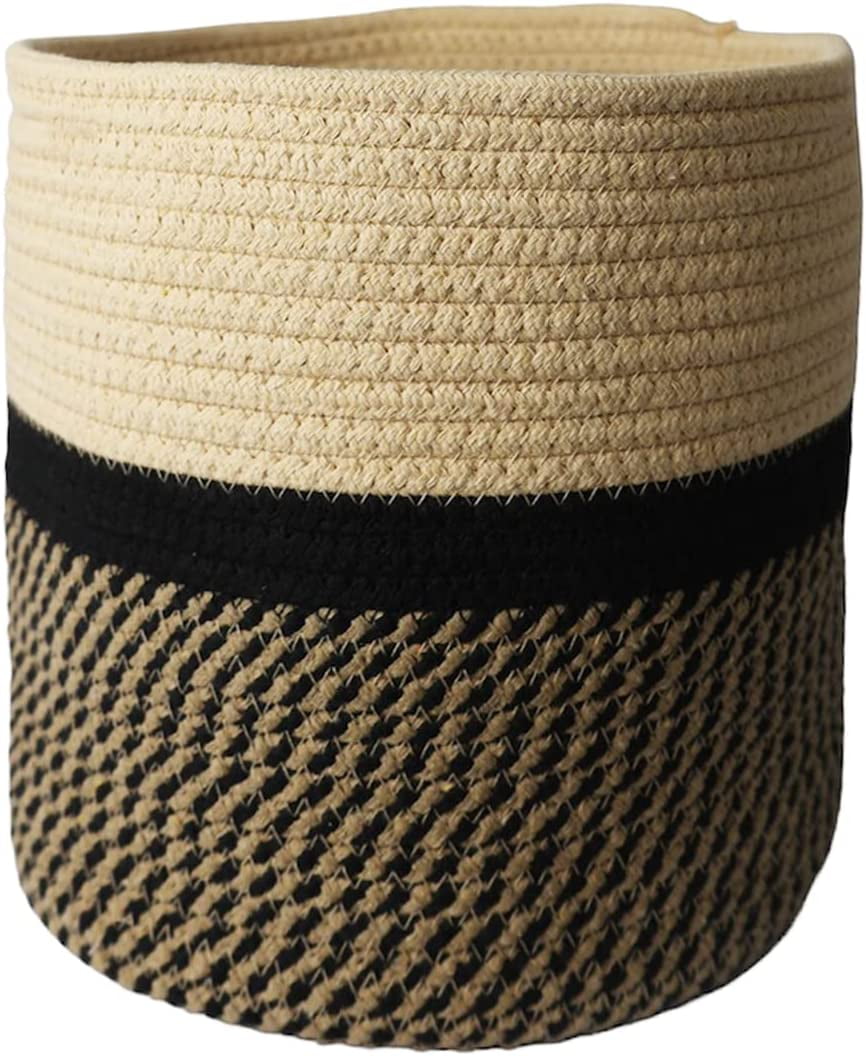 omh ORGANIZE MY HOME Decorative Baskets for Plants| 9- & 11-inch Pots for Indoor Plants | Floor Planter Pot Cover | Rope Plant Basket for Indoor (Small 9" Round, Tan/Black)