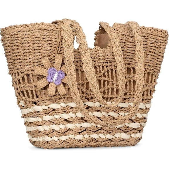 omlopp Beach Bags for Women, Summer Straw Bag, Woven Straw Beach Tote Bag Shoulder Handbags-Brown-rattan