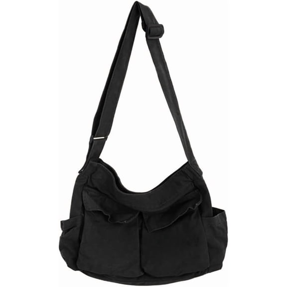 Omlopp Canvas Messenger Bag Large Hobo Crossbody Bags with Multiple Pockets,School Vintage Shoulder Laptop Bag for Women and Men(Black)