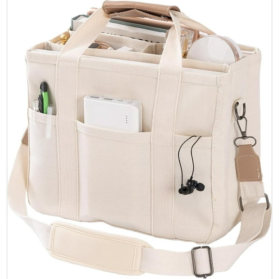 omlopp Canvas Tote Bag with Multi Pockets Crossbody Tote Bag for Women Bible Handbag Everything Tote Bags with Compartments