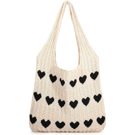 Omlopp Crochet Tote Bag for Women Cute Crochet Mesh Beach Tote Summer Vacation Aesthetic Boho Knit Bag for Women Shoulder（Black Heart Pattern）
