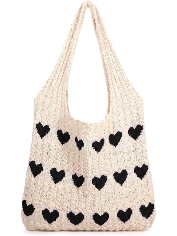 Crochet Tote Bag for Women Cute Crochet Mesh Beach Tote Summer Vacation Aesthetic Boho Knit Bag for Women Shoulder(Black Heart Pattern)
