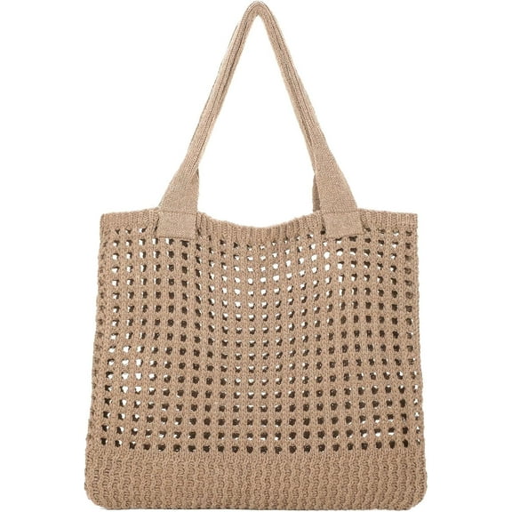 Omlopp Crochet Tote Bag for Women Cute Crochet Mesh Beach Tote Summer Vacation Aesthetic Boho Knit Bag for Women Shoulder（Khaki）
