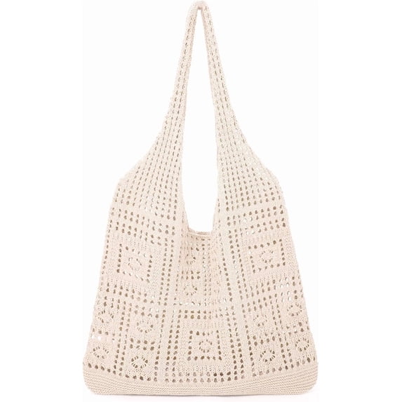Omlopp Crochet Tote Bag for Women Cute Crochet Mesh Beach Tote Summer Vacation Aesthetic Boho Knit Bag for Women Shoulder(Beige)