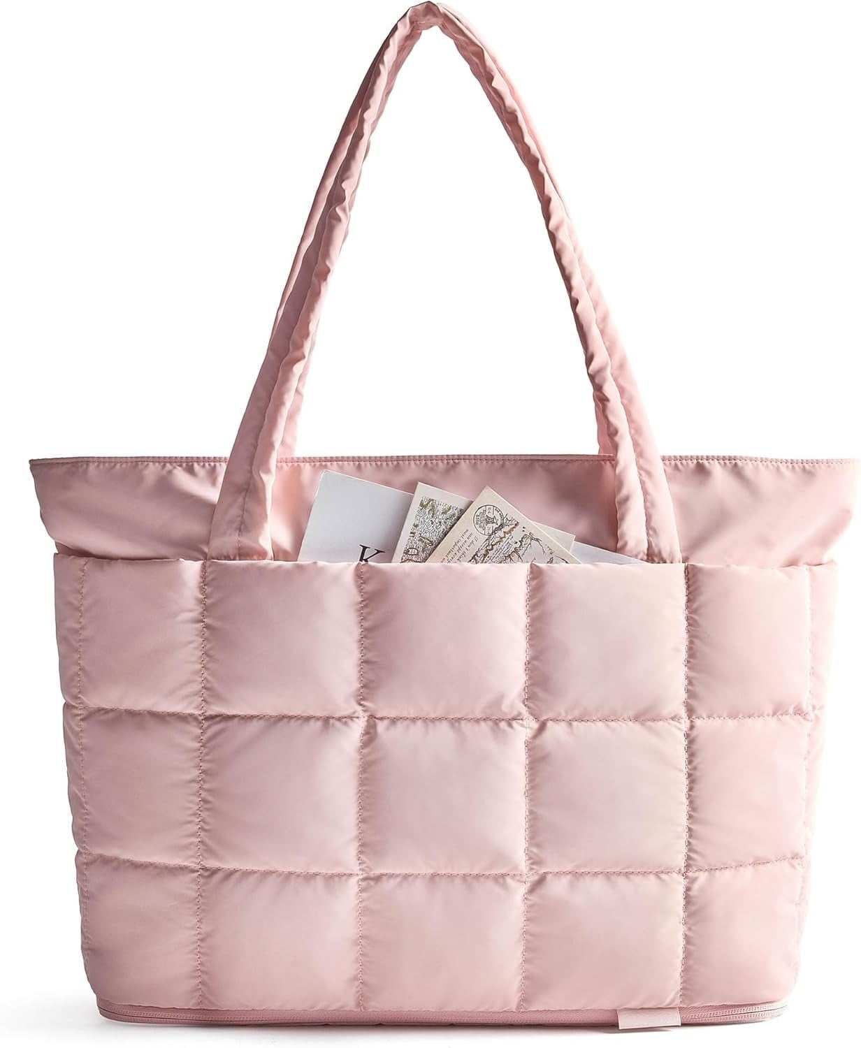 Omlopp Large Tote Bag for Women, Expandable Puffer Work Tote Handbag, Quilted Carry-On Travel Gym Bag-Light Pink