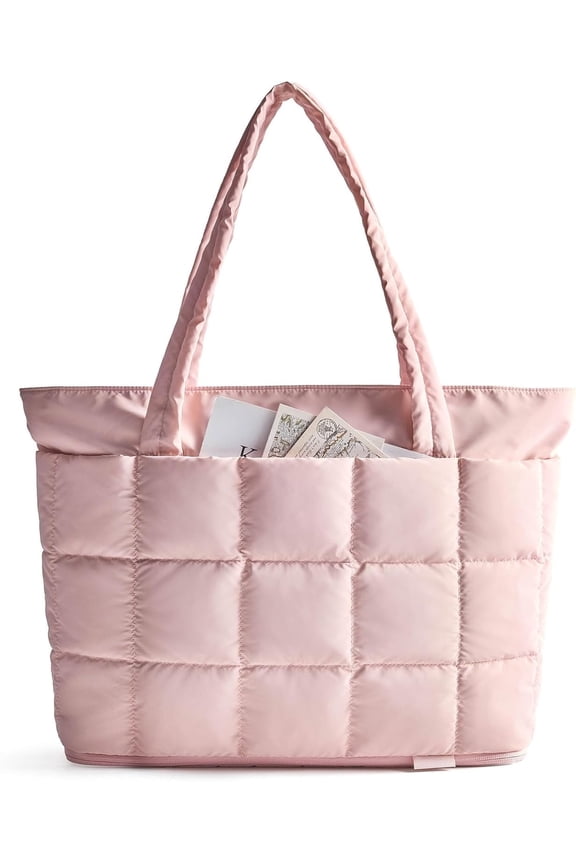 Large Tote Bag for Women, Expandable Puffer Work Tote Handbag, Quilted Carry-On Travel Gym Bag-Light Pink