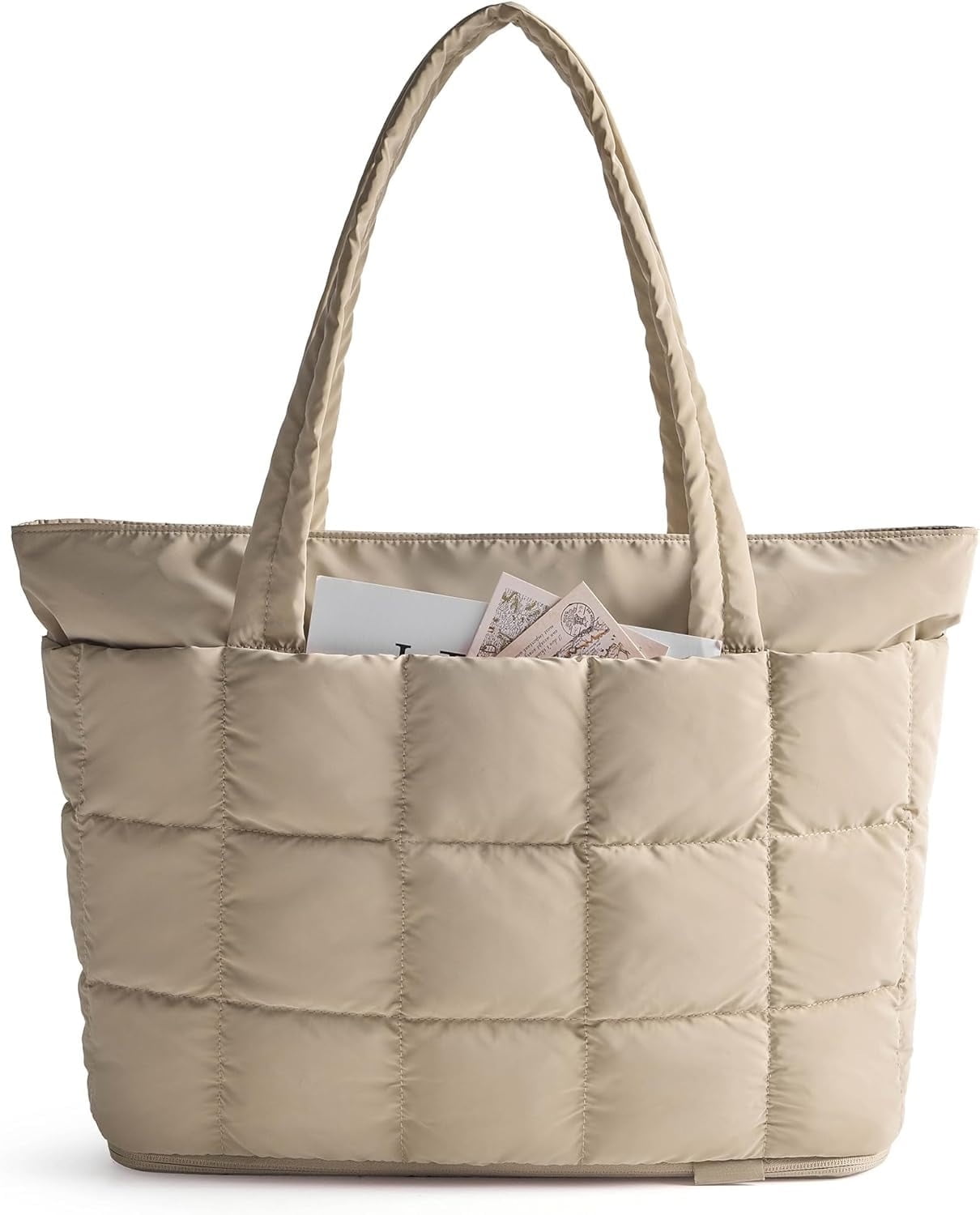 Omlopp Large Tote Bag for Women, Expandable Puffer Work Tote Handbag, Quilted Carry-On Travel Gym Bag-Desert