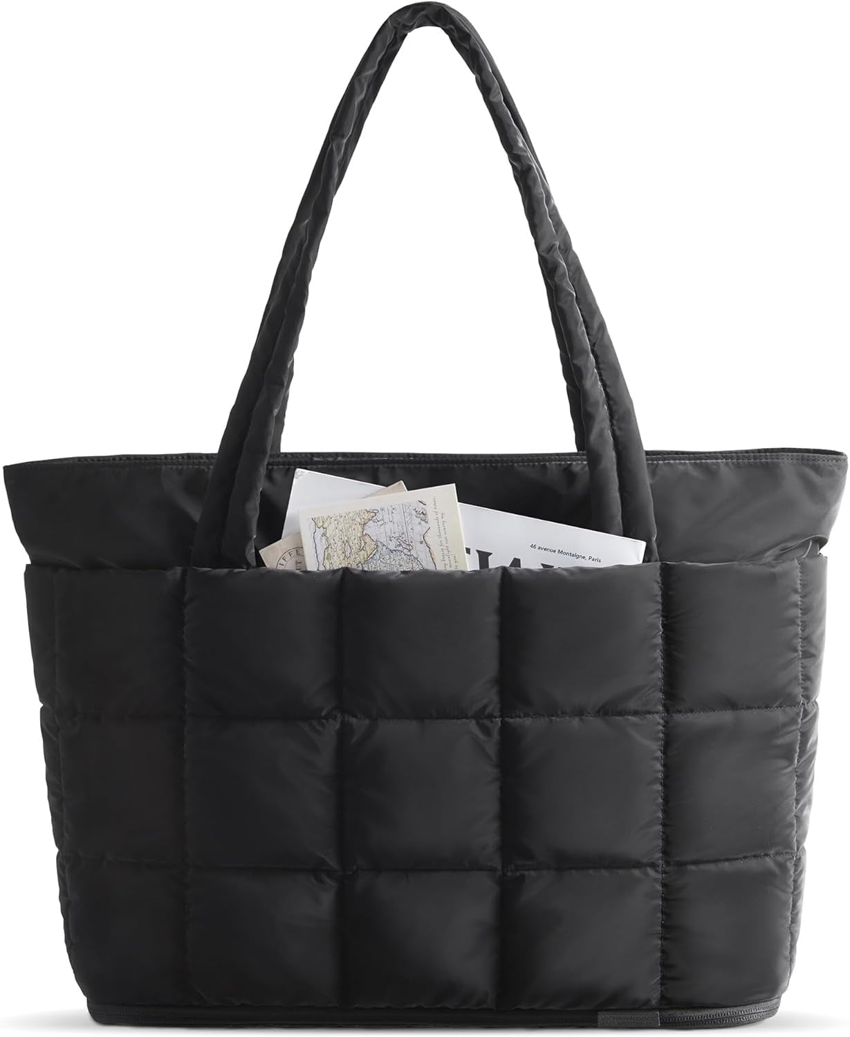 Omlopp Large Tote Bag for Women, Expandable Puffer Work Tote Handbag, Quilted Carry-On Travel Gym Bag-Black