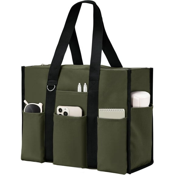 Omlopp Large Tote Bag for Women Waterproof with 12 Pockets Top Zipper Closure Utility Teacher Nurse Bags for Work School-Army Green-Large