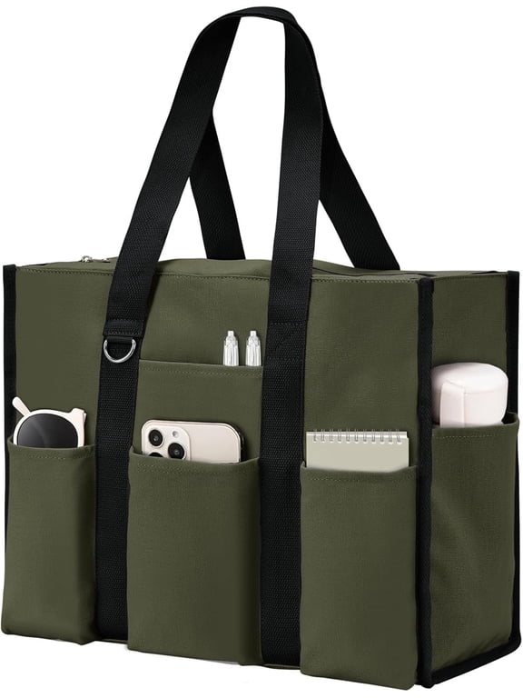 Tote Bag for Women Waterproof with 12 Pockets Top Zipper Closure Utility Teacher Nurse Bags for Work School-Army Green-Medium