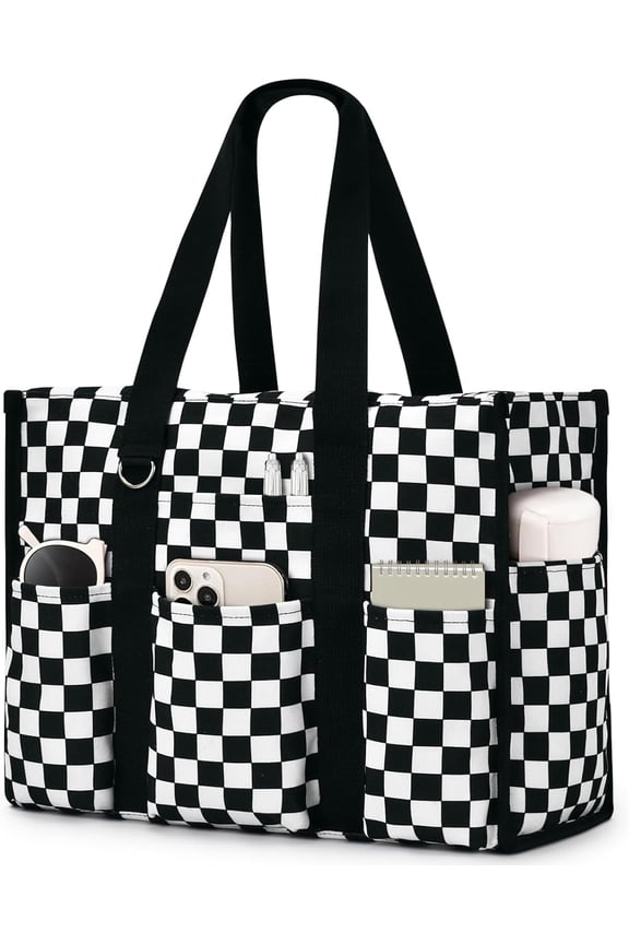 Large Tote Bag for Women Waterproof with 12 Pockets Top Zipper Closure Utility Teacher Nurse Bags for Work School-Black White Checkerboard