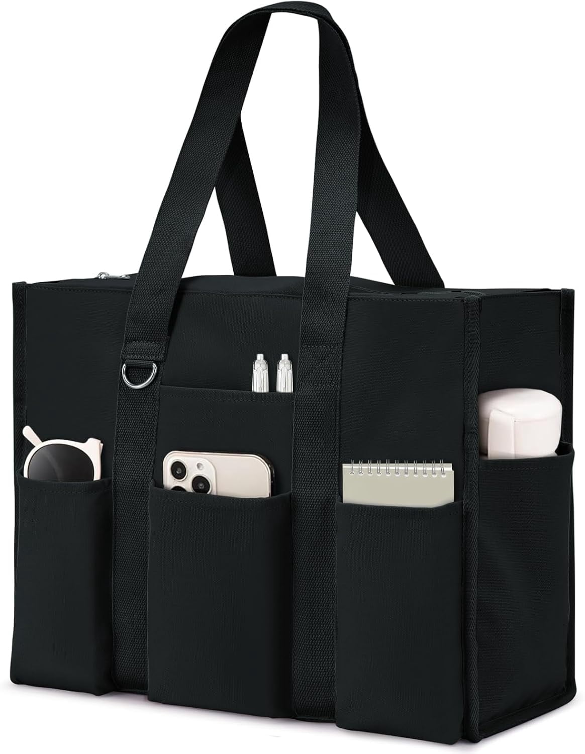 Omlopp Large Tote Bag for Women Waterproof with 12 Pockets Top Zipper Closure Utility Teacher Nurse Bags for Work School-Black-Large