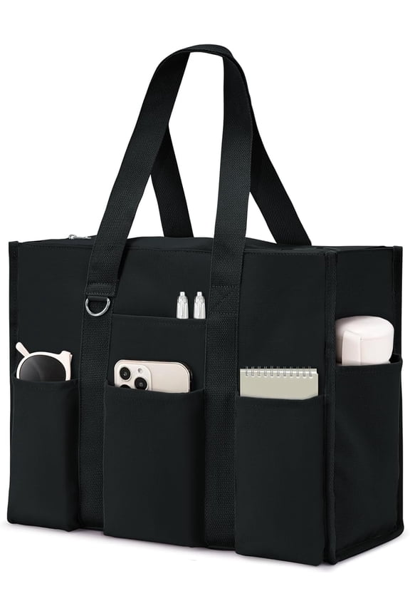 Large Tote Bag for Women Waterproof with 12 Pockets Top Zipper Closure Utility Teacher Nurse Bags for Work School-Black-Large