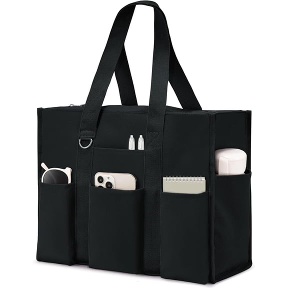 Omlopp Large Tote Bag for Women Waterproof with 12 Pockets Top Zipper Closure Utility Teacher Nurse Bags for Work School-Black-Large