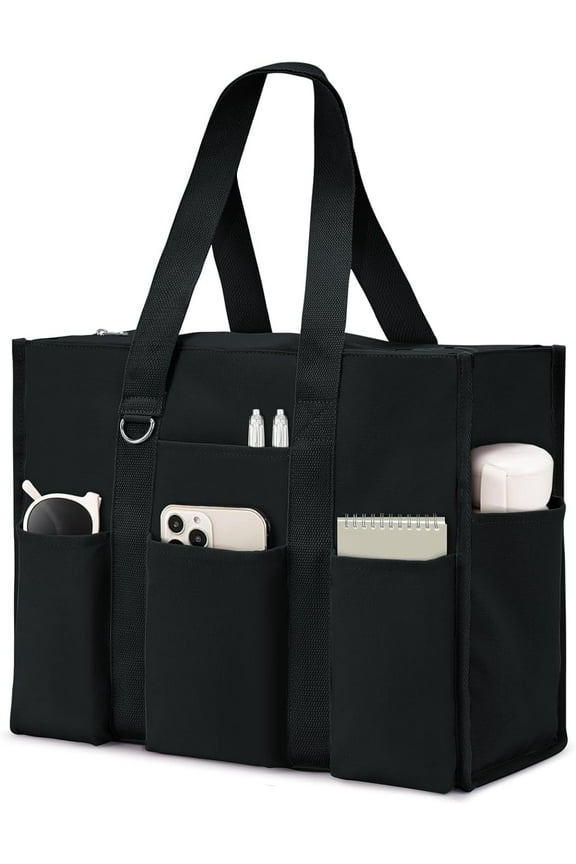 Large Tote Bag for Women Waterproof with 12 Pockets Top Zipper Closure Utility Teacher Nurse Bags for Work School-Black-Medium