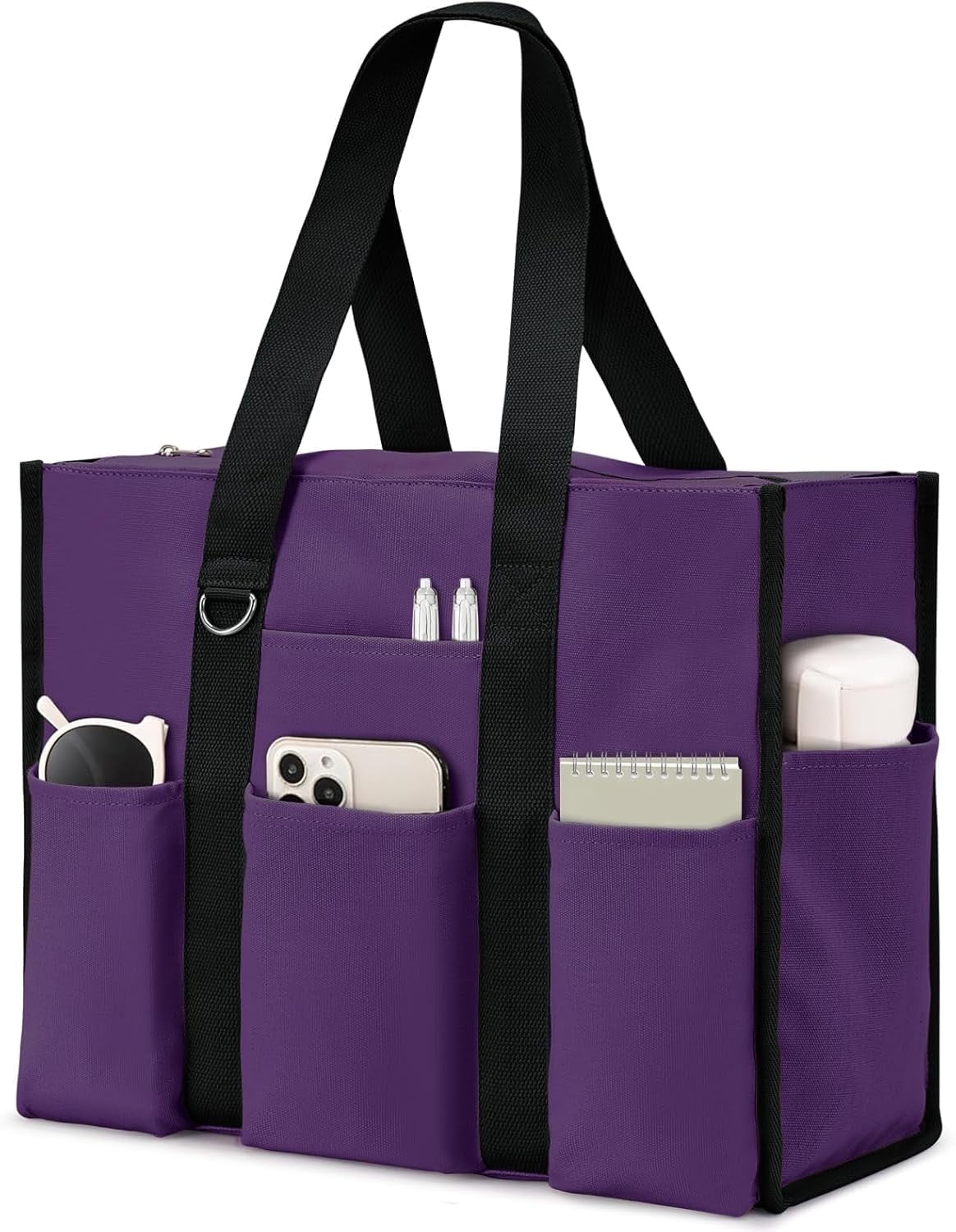 Omlopp Large Tote Bag for Women Waterproof with 12 Pockets Top Zipper Closure Utility Teacher Nurse Bags for Work School-Purple-Large