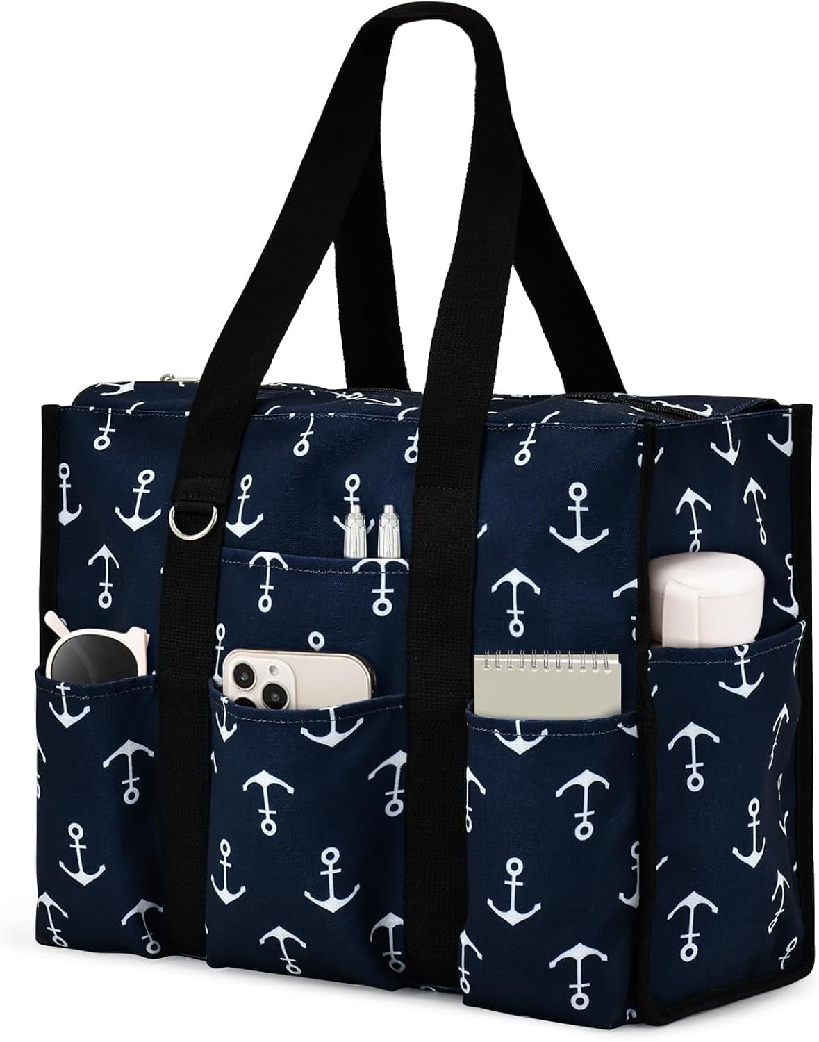 Omlopp Large Tote Bag for Women Waterproof with 12 Pockets Top Zipper Closure Utility Teacher Nurse Bags for Work School-Anchor-Large