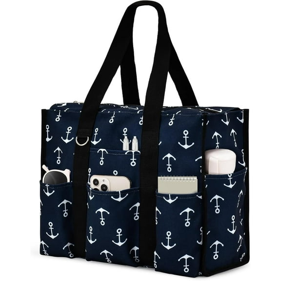 Omlopp Large Tote Bag for Women Waterproof with 12 Pockets Top Zipper Closure Utility Teacher Nurse Bags for Work School-Anchor-Medium