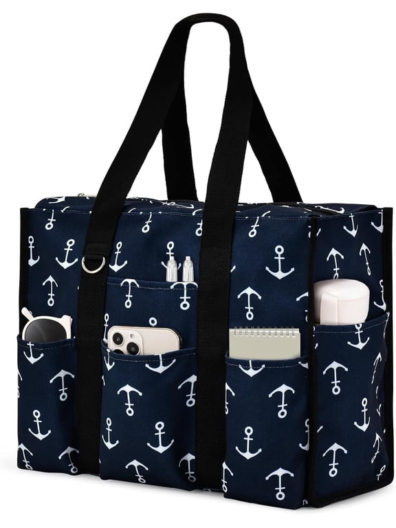 Large Tote Bag for Women Waterproof with 12 Pockets Top Zipper Closure Utility Teacher Nurse Bags for Work School-Anchor-Medium