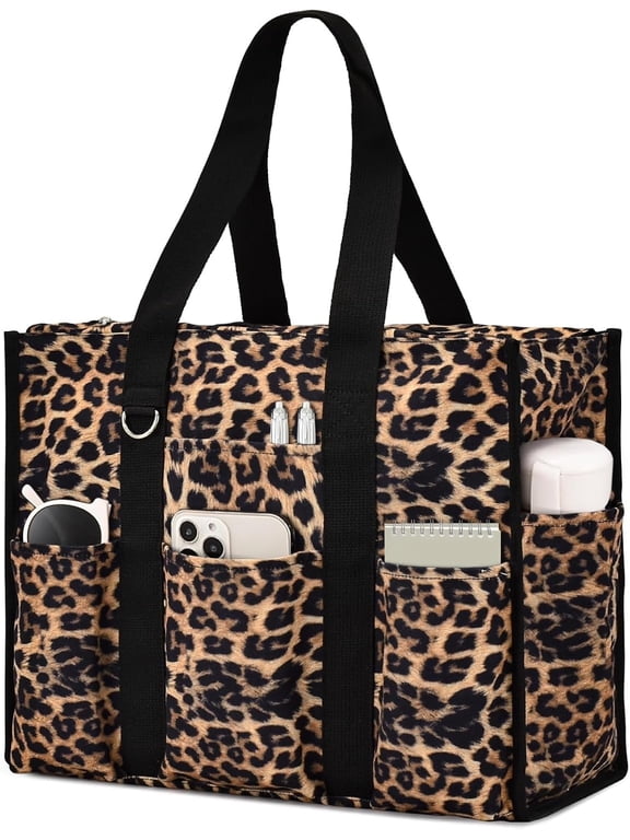 Tote Bag for Women Waterproof with 12 Pockets Top Zipper Closure Utility Bag for Work School, Leopard, Medium