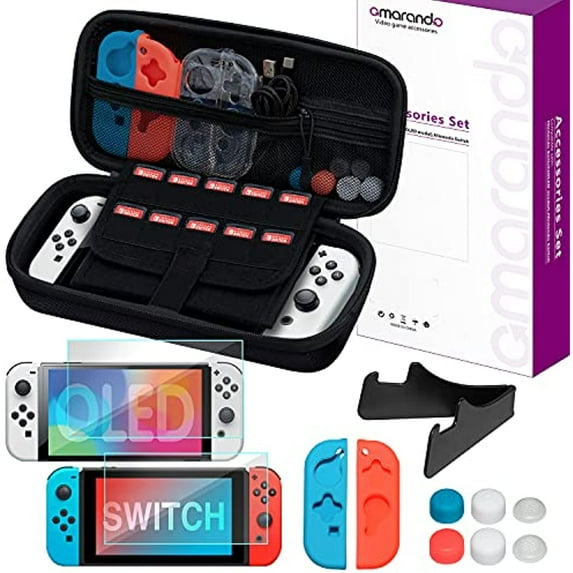 omrando Hard Carrying Case Compatible with Nintendo Switch (OLED Model) and Nintendo Switch,with Playing Stand , Tempered Film for Switch and OLED,Switch Accessories (Black-Black)