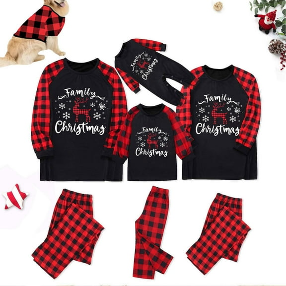 Busydd Family Christmas Pajamas with Dog Fashion Print Rompers Xmas Pajamas Matching Sets Family Matching Outfits for Pets