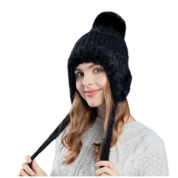 Busydd Women's Winter Hats Warm Cozy Solid Color Plush Wool Beanie Thick Pompom Tie Knit Skull Caps with Ear Flaps for Cold Weather
