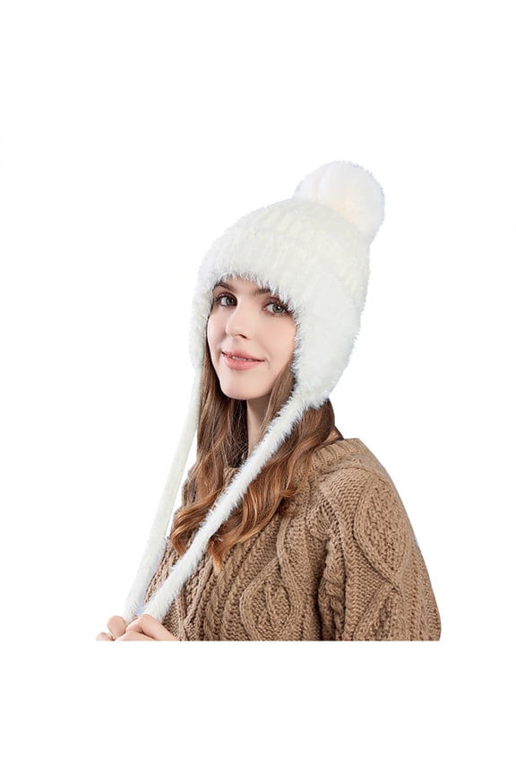 Women's Winter Hats Warm Cozy Solid Color Plush Wool Beanie Thick Pompom Tie Knit Skull Caps with Ear Flaps for Cold Weather