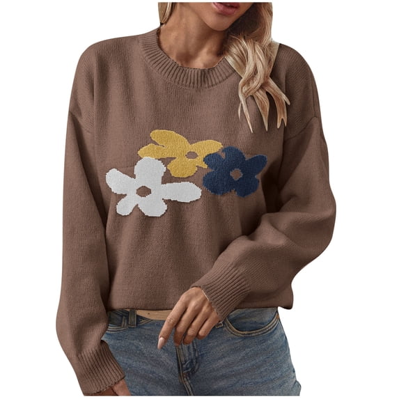 Busydd Womens Sweaters Pullover Tops Long Sleeve Knit Sweater Casual Fashion Crewneck Sweaters Trendy Floral Print Fall Sweaters Blouse