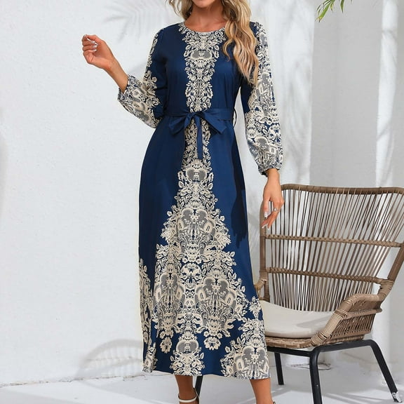 Ndbuld Spring Dresses for Women Women's Long Sleeved Round Neck Printed Long Elegant Lace Up Dress,Navy,S