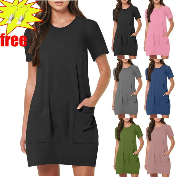 on Clearance!Women's Summer Casual Short Sleeve Dressy Dresses Empire Waist Knee Length Dress with Pockets,Black ,Size L
