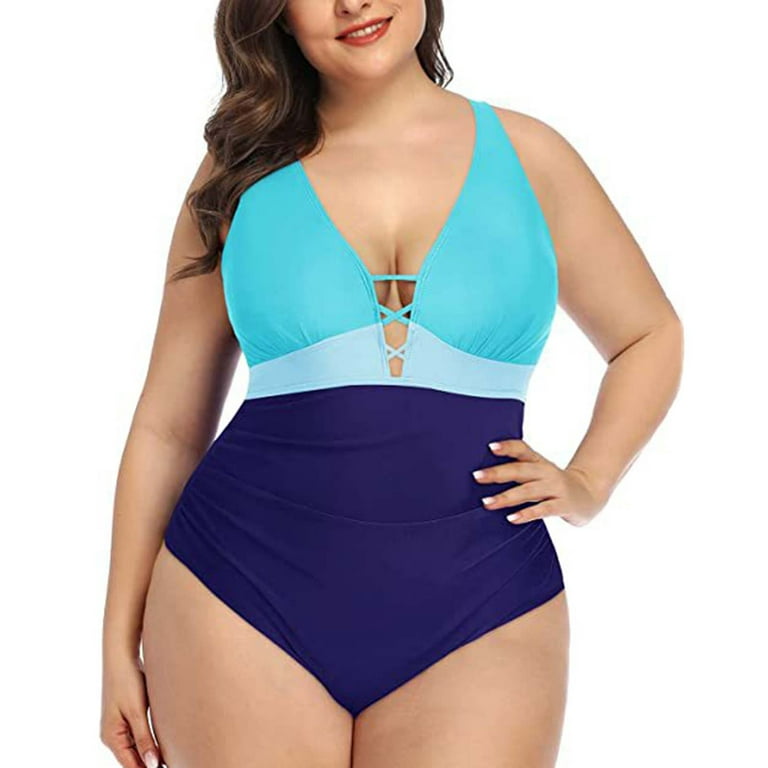 on Sale Bikini Sets for Women Woman Swimsuit HIMIWAY Women's Fashion  One-Piece V-Neck Swimming Costume With Bra Pads And No Steel Bra Blue  XXXXXL 